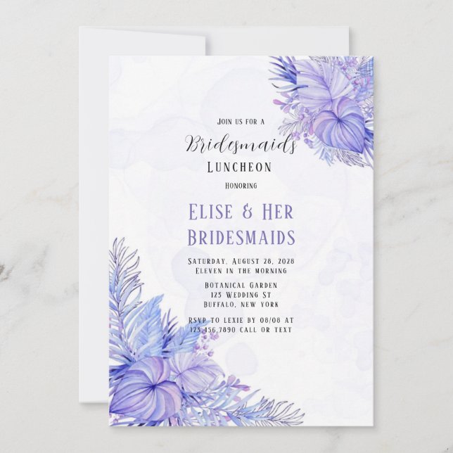 Tropical Purple Blue Palm Leaf Bridesmaid Luncheon Invitation (Front)