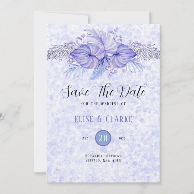 Tropical Purple Blue Palm Leaf Save The Date (Front)