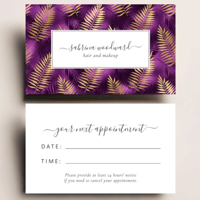 Tropical Purple Gold Foliage Pattern Appointment Business Card (Creator Uploaded)