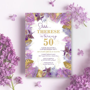 Tropical Purple Gold Surprise 50th Birthday Invitation
