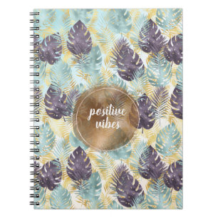 Tropical Purple Green Gold Leaves Positive Vibes Notebook