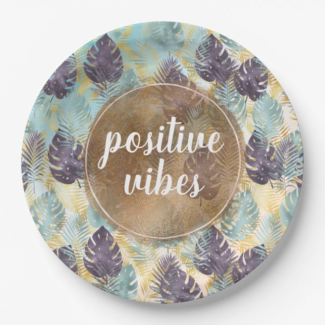 Tropical Purple Green Gold Leaves Positive Vibes   Paper Plate (Front)