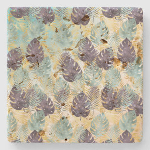 Tropical Purple Green Gold Leaves Stone Coaster