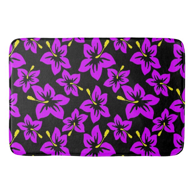 Tropical Purple Hawaiian Hibiscus Flowers Bath Mat (Front)