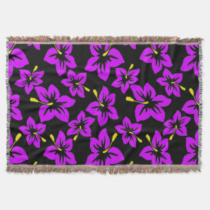 Tropical Purple Hawaiian Hibiscus Flowers Throw Blanket