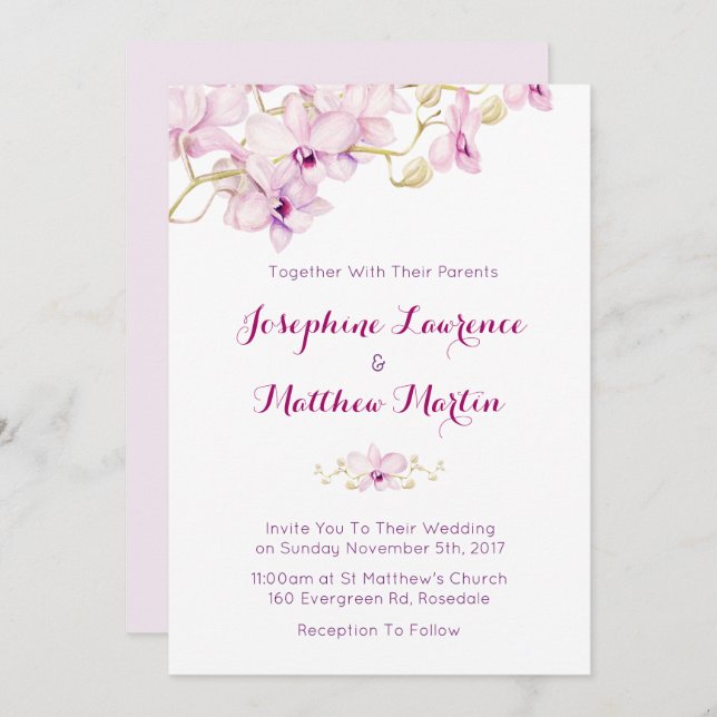 Tropical Purple Orchid Floral Wedding Invitation (Front/Back)