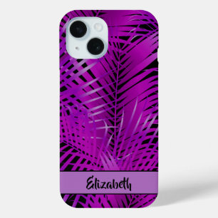 Tropical Purple Palm Fronds on Black Personalised iPhone 15 Case