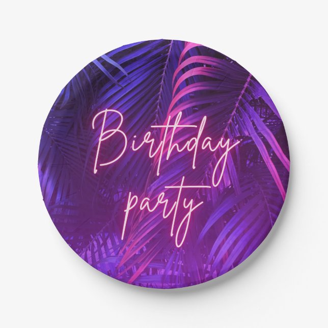 Tropical Purple Palm Leaf Birthday Party Paper Plate (Front)