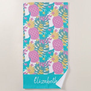 Tropical Purple Pineapples Beach Towel