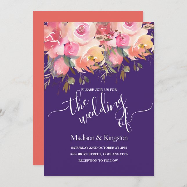 Tropical Purple Pink Coral Wedding Invite (Front/Back)