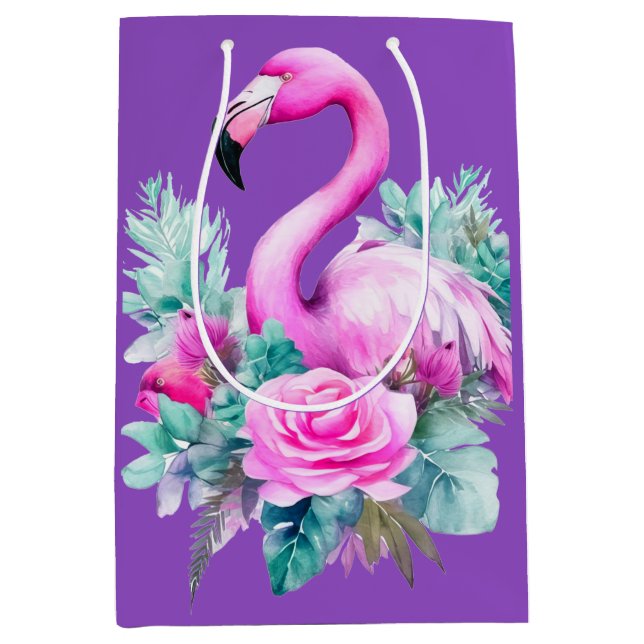 Tropical Purple Pink Flamingo Christmas Holiday Medium Gift Bag (Front)