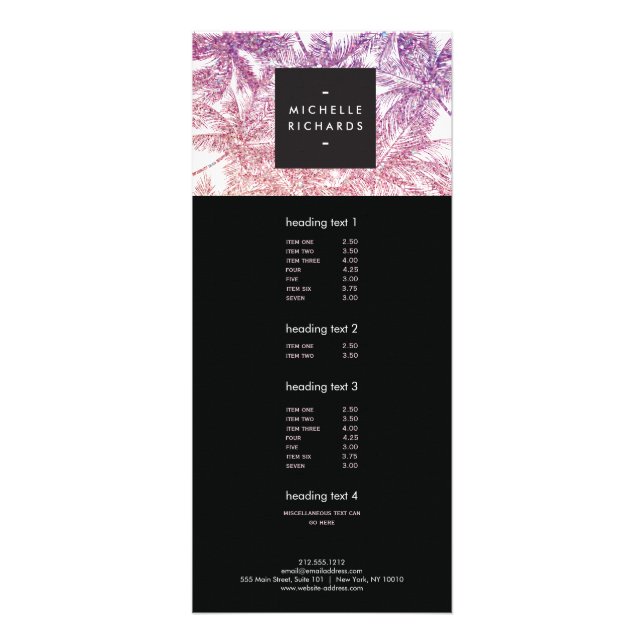 Tropical Purple/Pink Glitter Palms Rack Card (Front)
