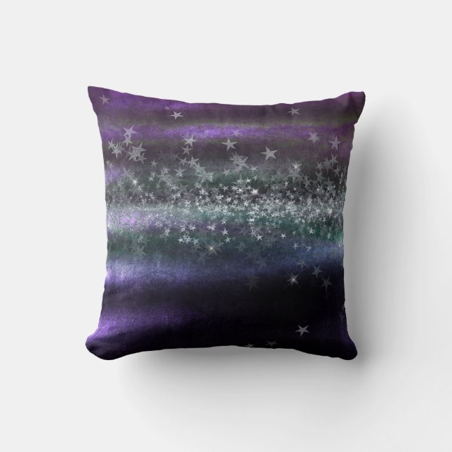 Tropical Purple Teal Green Silver Stars Glitter Cushion (Front)