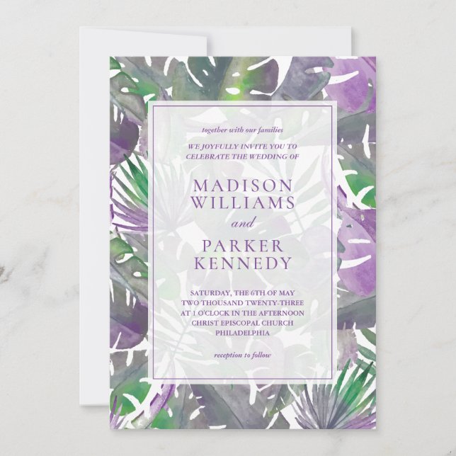 Tropical Purple Watercolor Wedding Invitation (Front)