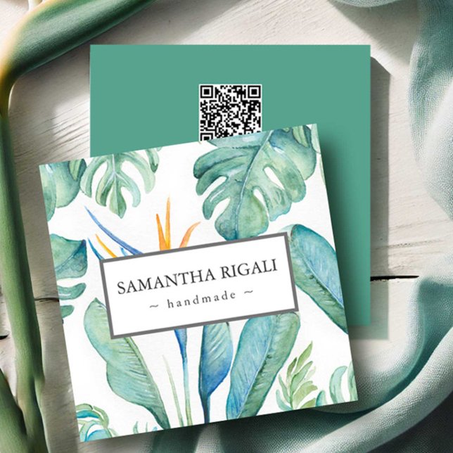 Tropical QR Code Business Card –Tropical Flower (Business cards tropical floral and monstera palm leaf watercolor art by Victoria Grigaliunas)