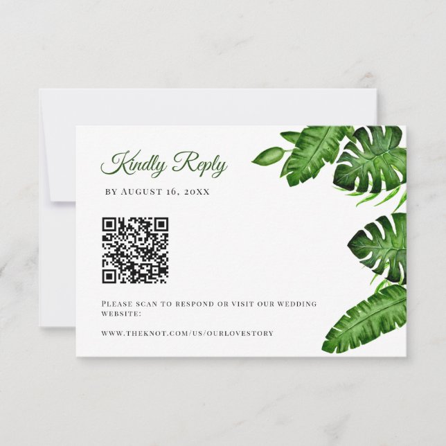 Tropical QR Code RSVP Monstera Leaves Wedding Card (Front)