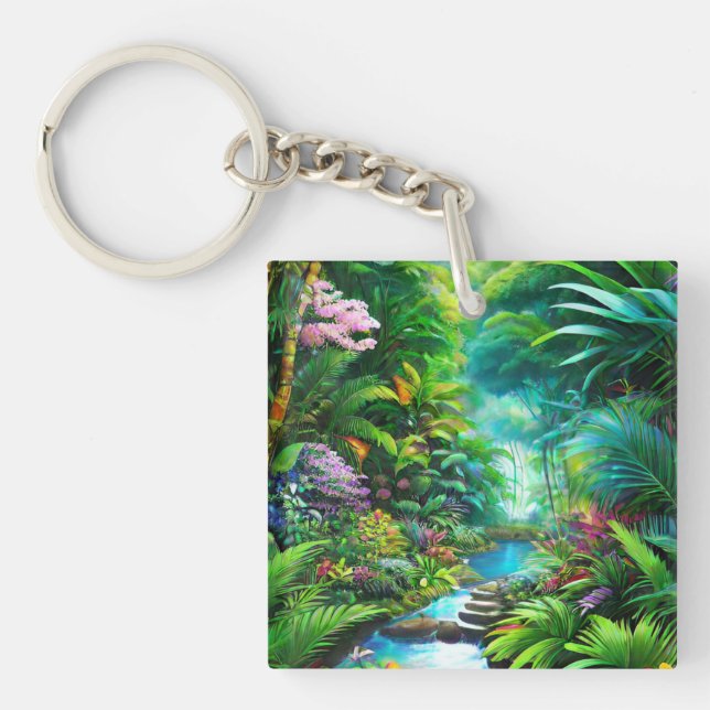 Tropical rain forest with trees and flowers key ring (Front)