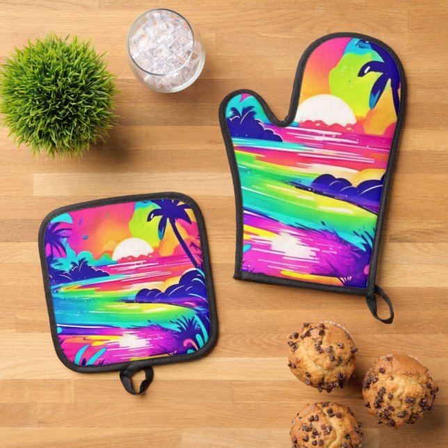 Tropical Rainbow Beach Dream Oven Mitt & Pot Holder Set (Top Down)