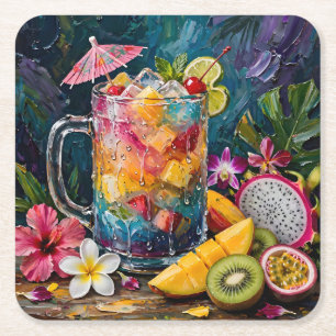 Tropical Rainbow Cocktail Exotic Fruits Square Paper Coaster
