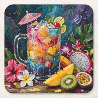 Tropical Rainbow Cocktail Exotic Fruits Square Paper Coaster