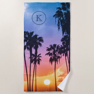 Tropical Rainbow Colour Palm Tree Sunset Monogram Beach Towel