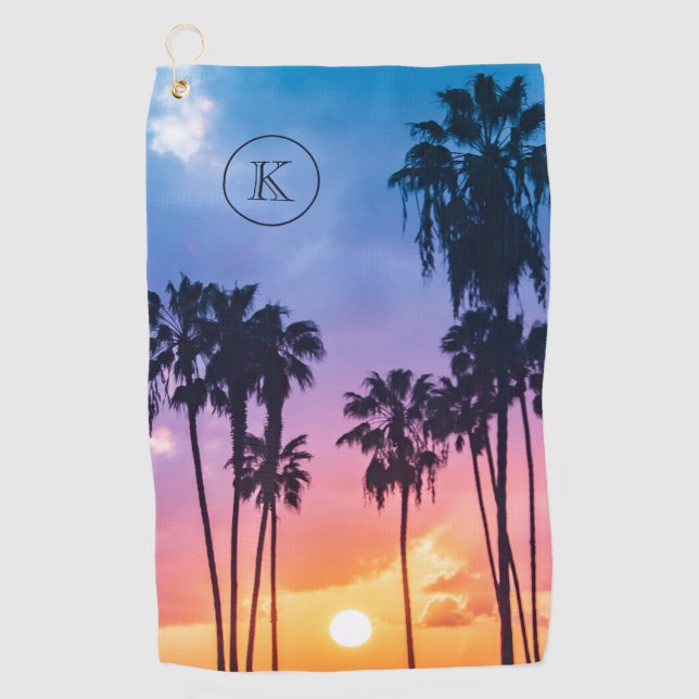 Tropical Rainbow Colour Palm Tree Sunset Monogram Golf Towel (Front)