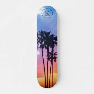 Tropical Rainbow Colour Palm Tree Sunset Monogram Skateboard