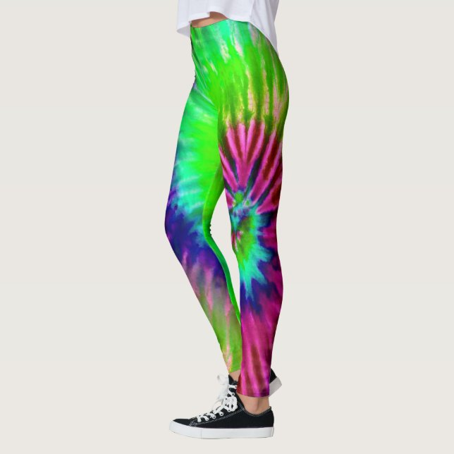 Tropical Rainbow Green Magenta Starburst Tie Dye Leggings (Left)
