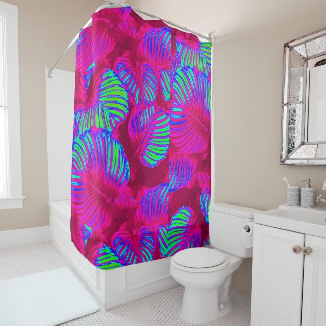 Tropical Rainbow Leaves Shower Curtain (In Situ)