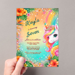 Tropical Rainbow Unicorn Floral Girls Birthday Acrylic Invitations