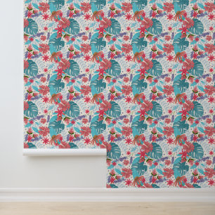 Tropical Rainforest Flowers and Monstera Leaves Wallpaper