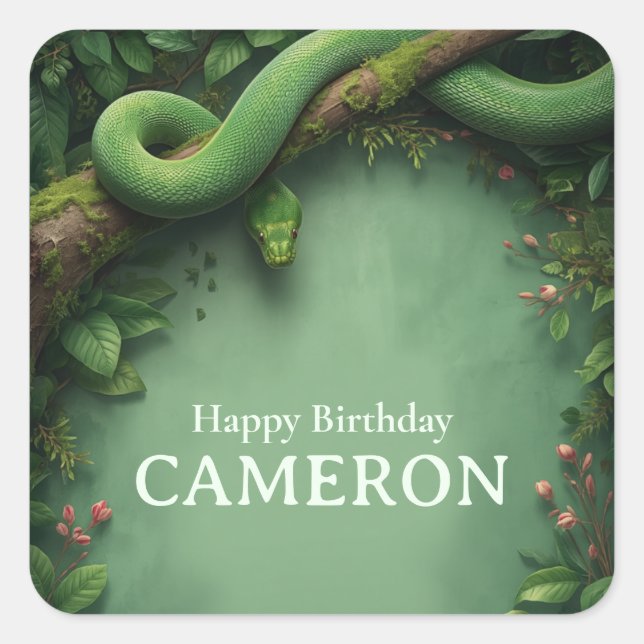 Tropical Rainforest Green Snake Custom Name Jungle Square Sticker (Front)