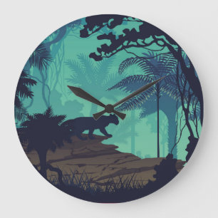 Tropical rainforest, jaguar evening background. large clock