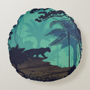 Tropical rainforest, jaguar evening background. round cushion