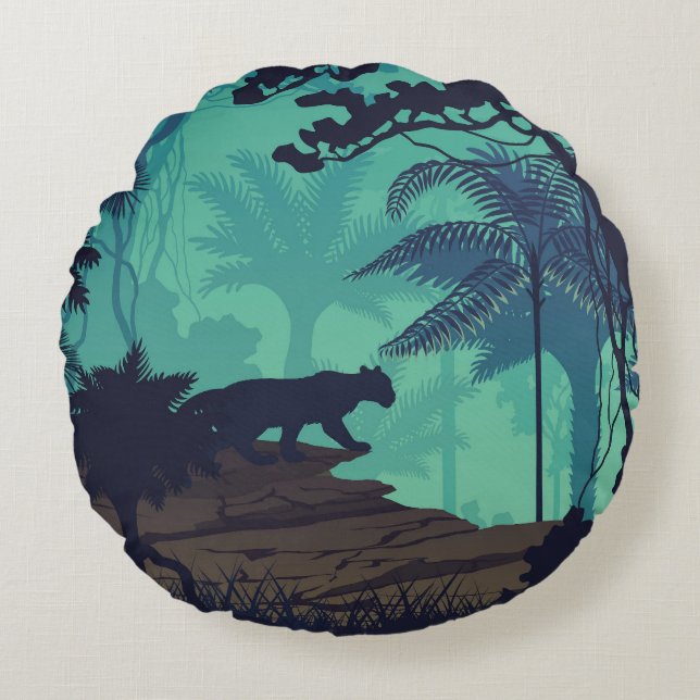 Tropical rainforest, jaguar evening background. round cushion (Front)