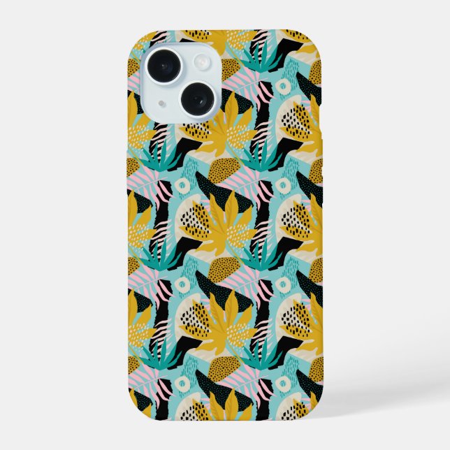 Tropical Rainforest Leaves Pattern iPhone 15 Case (Back)