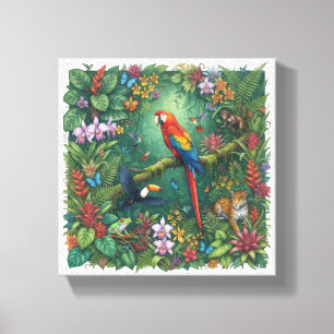 Tropical Rainforest Macaw Toucan Jaguar Art Canvas Print