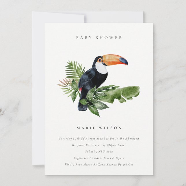 Tropical Rainforest Toucan Baby Shower Invite (Front)