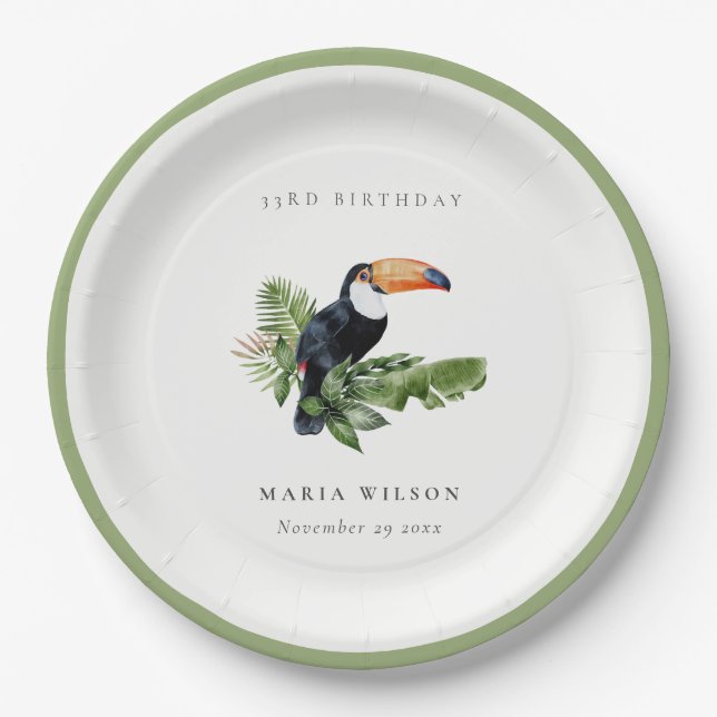 Tropical Rainforest Toucan Fauna Any Age Birthday Paper Plate (Front)