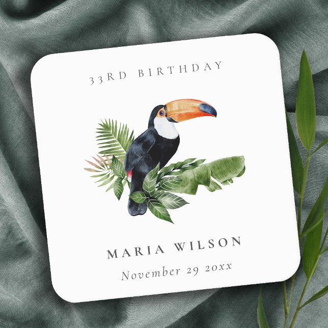 Tropical Rainforest Toucan Fauna Any Age Birthday Square Paper Coaster (Creator Uploaded)