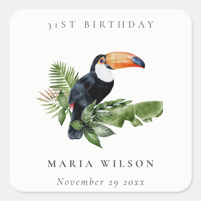 Tropical Rainforest Toucan Fauna Any Age Birthday Square Sticker (Front)