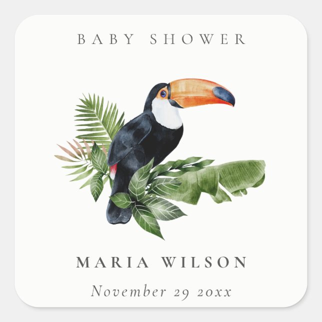 Tropical Rainforest Toucan Foliage Baby Shower Square Sticker (Front)