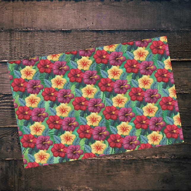 Tropical Red and Gold on Green Leaves Hibiscus  Tissue Paper (Creator Uploaded)