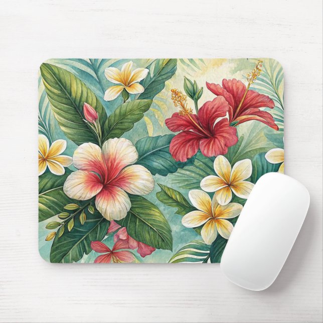 TROPICAL RED AND YELLOW HIBISCUS FLORAL BLOOMS MOUSE PAD (With Mouse)