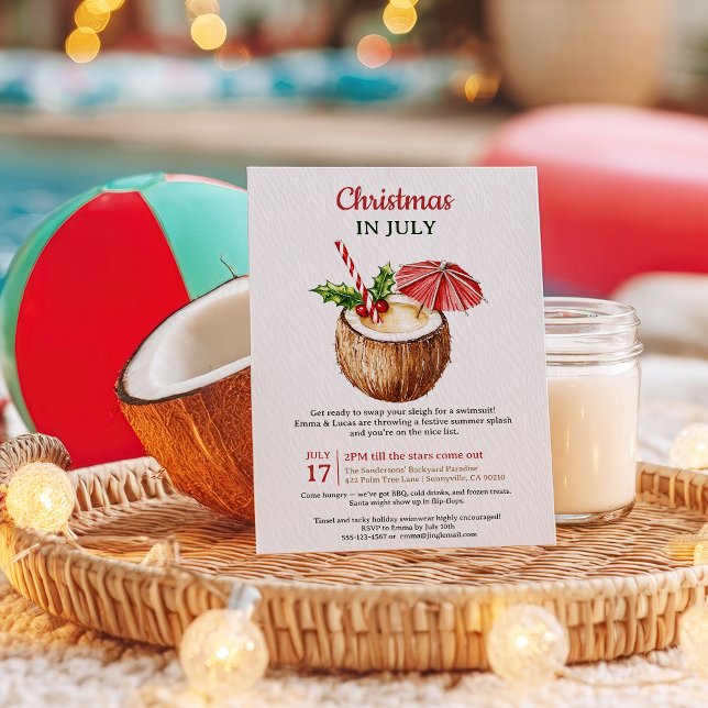 Tropical Red Coconut Drink Christmas in July  Invitation (Tropical Red Coconut Drink Christmas in July Invitation)