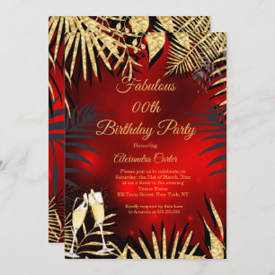 Tropical Red Gold Palms Champagne Birthday Party Invitation