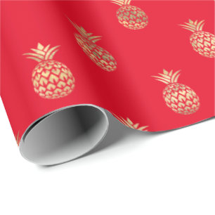 Tropical Red Gold Pineapple Pattern Wrapping Paper