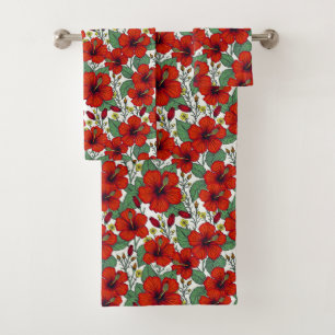 Tropical Red Hibiscus Botanical Bath Towel Set