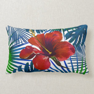 Tropical Red Hibiscus Floral Dark Teal Leaves Lumbar Cushion