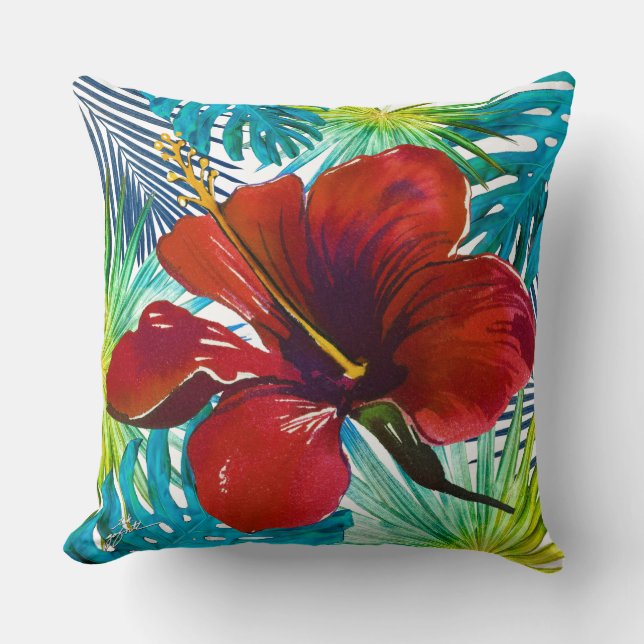 Tropical Red Hibiscus Floral Teal Greenery Beach Cushion (Front)